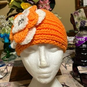 Earmuff scarf, orange with Ivy in Orange rhinestone flower on side
